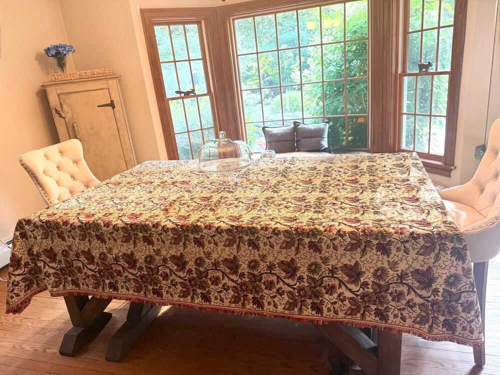 Vintage MCM Damask Fringed Tablecloth Floral Reversible Satin silk Registado AVA
